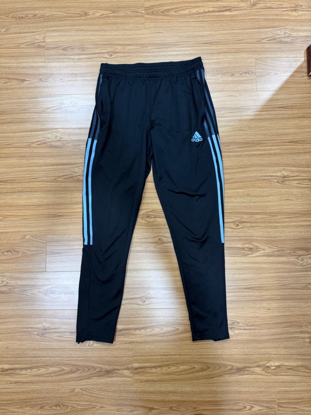 Men’s Adidas Black Track Pants with Light Blue Stripes Size Medium